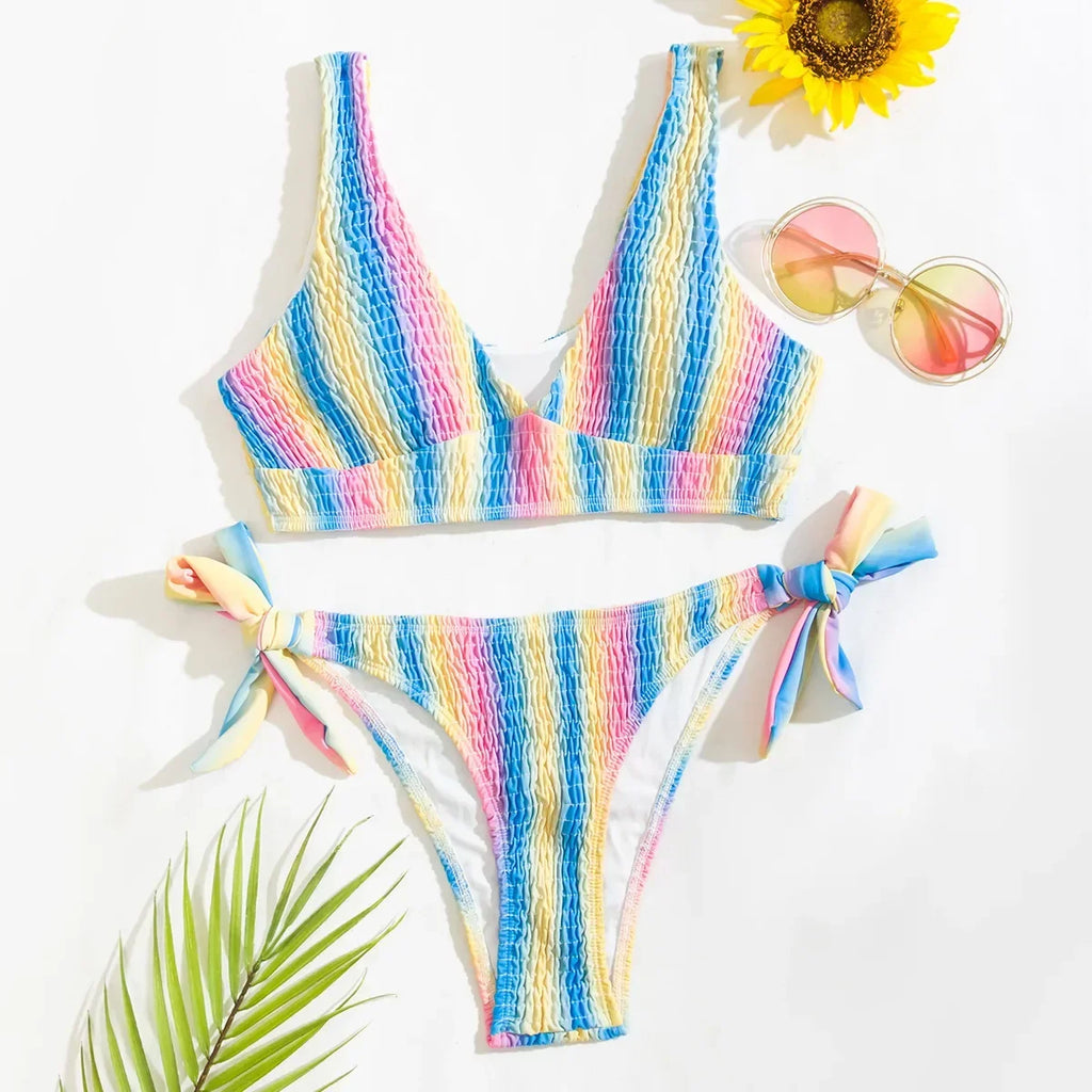 2026 New Sexy Bikini Women Rainbow Stripe Pleated Swimwear Swimsuit Knotted Bikinis Set Bathing Suit Beach Bikini Female Push Up