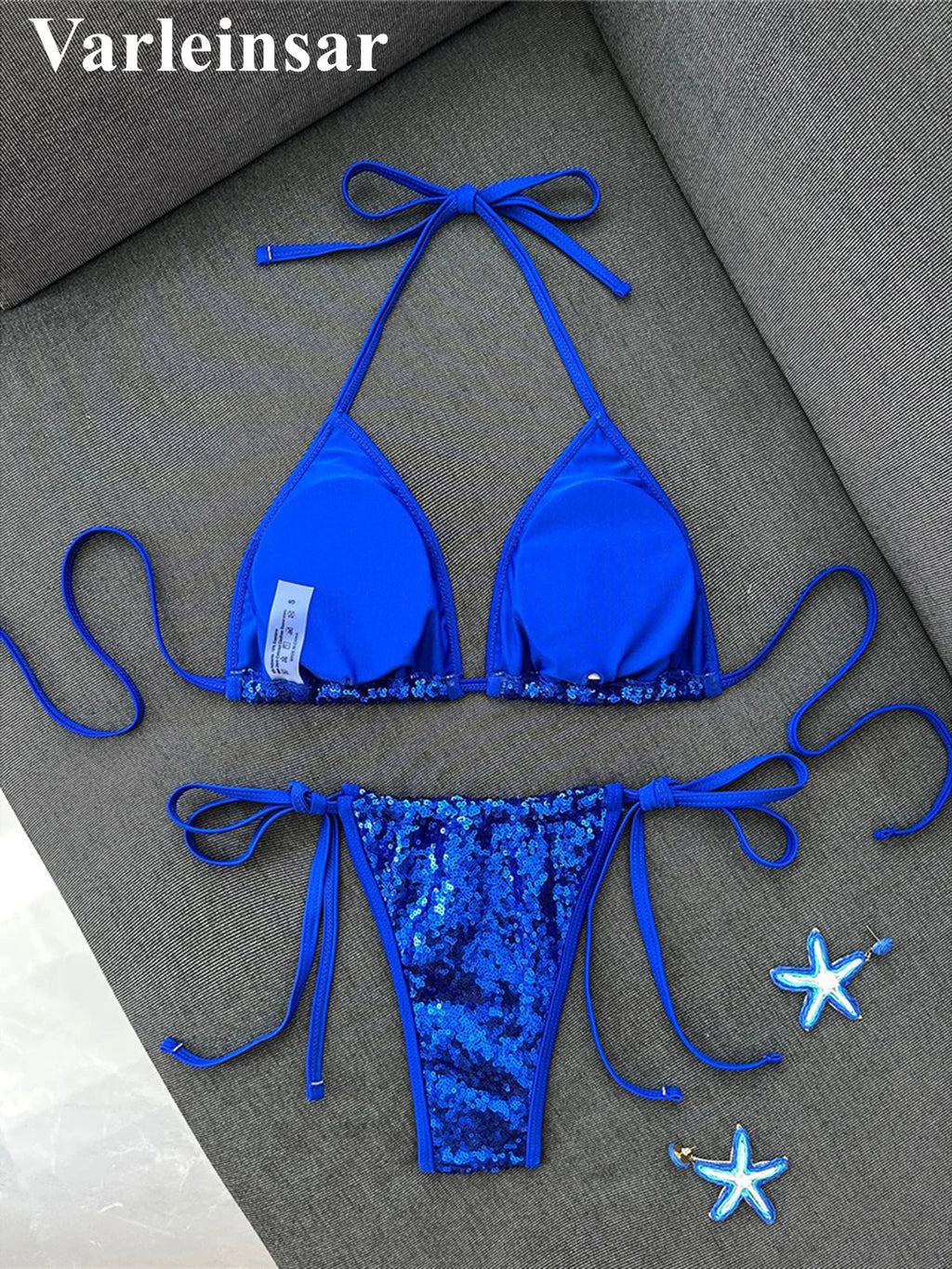 Sequins Halter Bikini Female Swimsuit Women Swimwear Two-Pieces Bikini Set High Cut Leg Padded Bather Bathing Suit Swim V8302