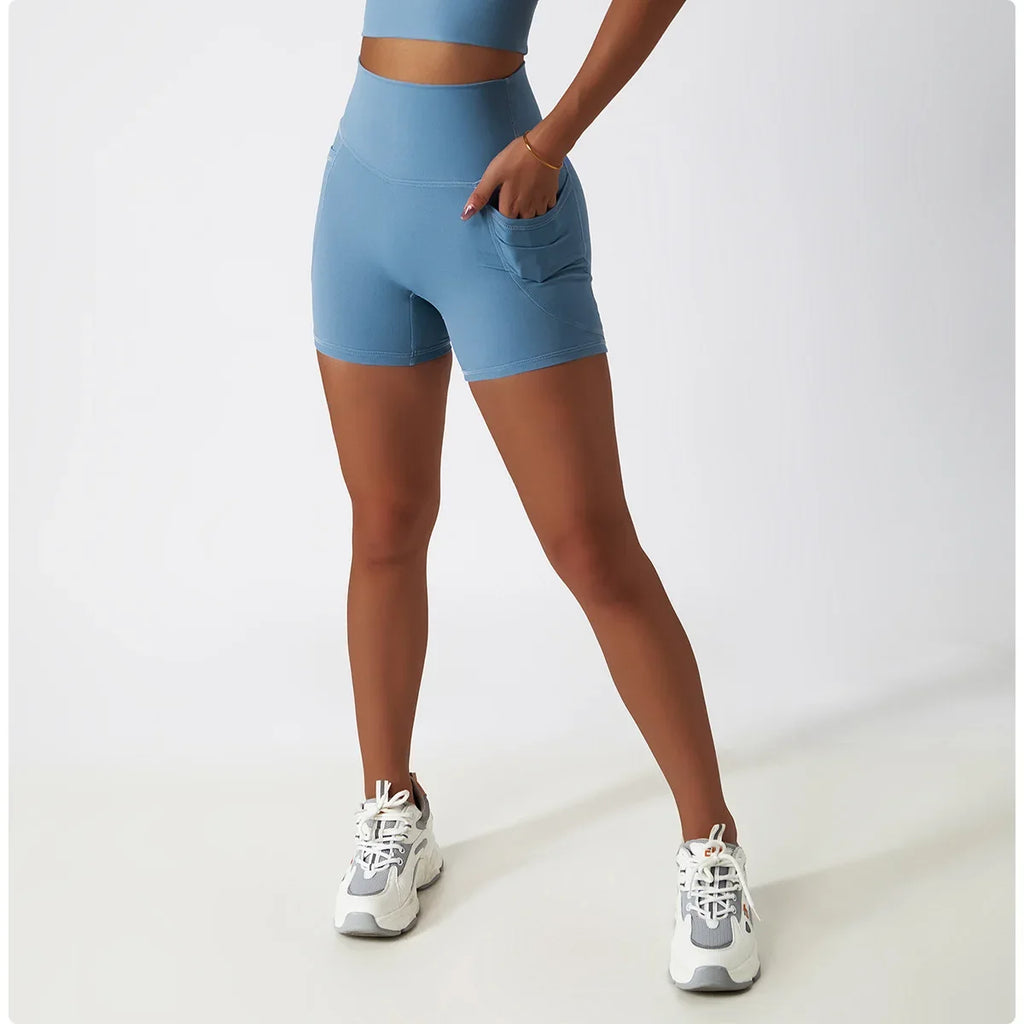 Comfortable Skin Friendly Summer High Waist Yoga Shorts Gym Hip Lift Pants Pocket Breathable Running Cycling Sports Shorts Women