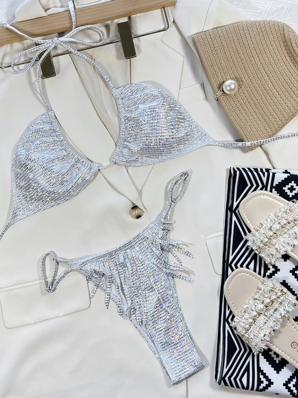 2026 New Sexy Bikini Women White Shiny Tassels Swimwear Swimsuit Halter Bikinis Set Bathing Suit Beach Vacation Bikini Female