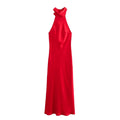 Elegant Solid Color Satin Halter Lace Up Long Dress Sexy Off Shoulder Backless Sleeveless Bodycon Dresses New Lady Party Robe