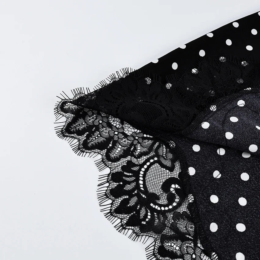 FDYOUI 2026 Woman Clothes Lace Patchwork Polka Dot Skirts Female Sexy Tight Short Skirt Black Party Night Club Dress Streetwear