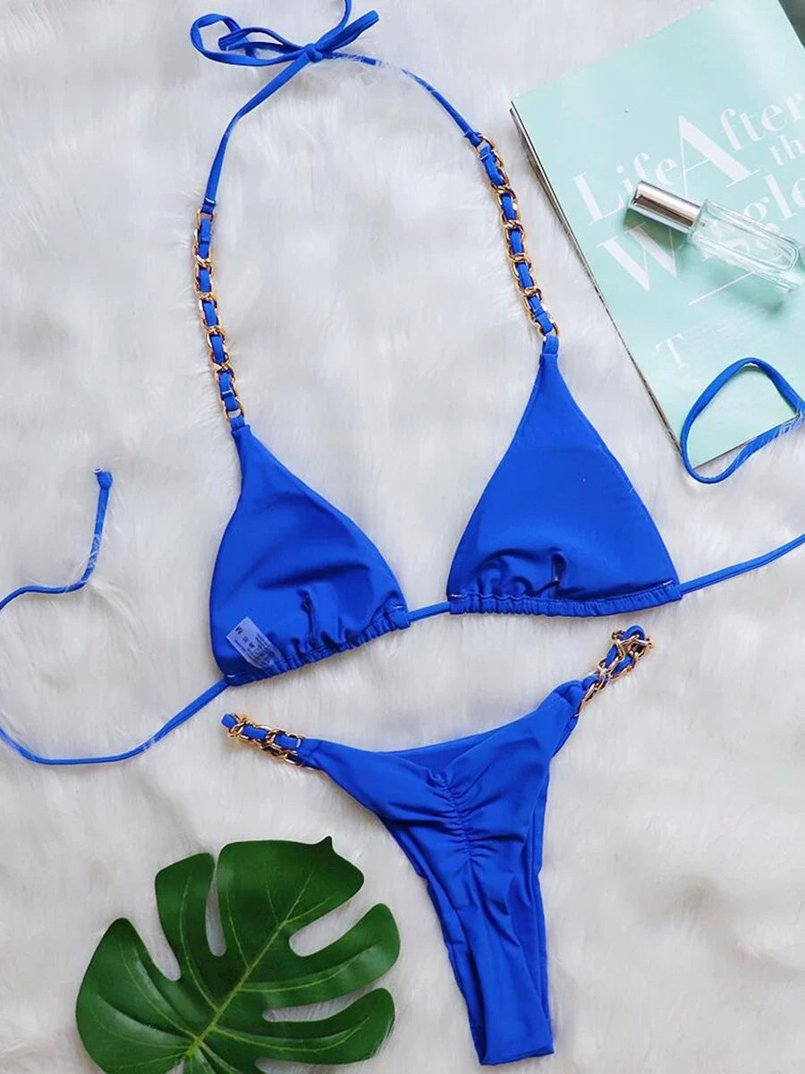 Halter Metal Chains String Micro Thong Bikini Women Swimsuit Female Swimwear Two-pieces Bikini Set Brazilian Bathing Suit Swim
