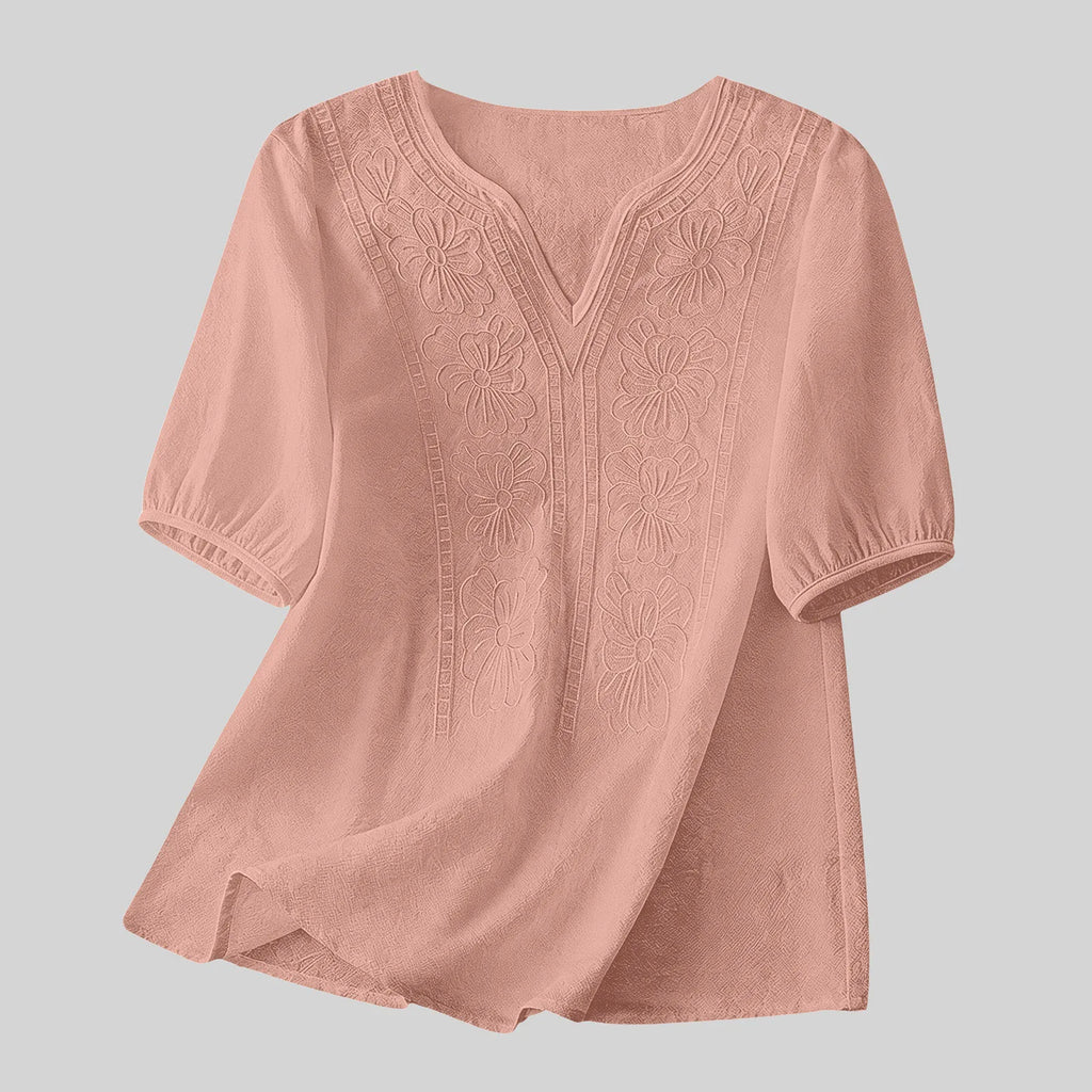 Women Summer Loose Embroidered V Neck Solid Color Short Sleeved Comfortable Button Down Shirt Top женская одежда
