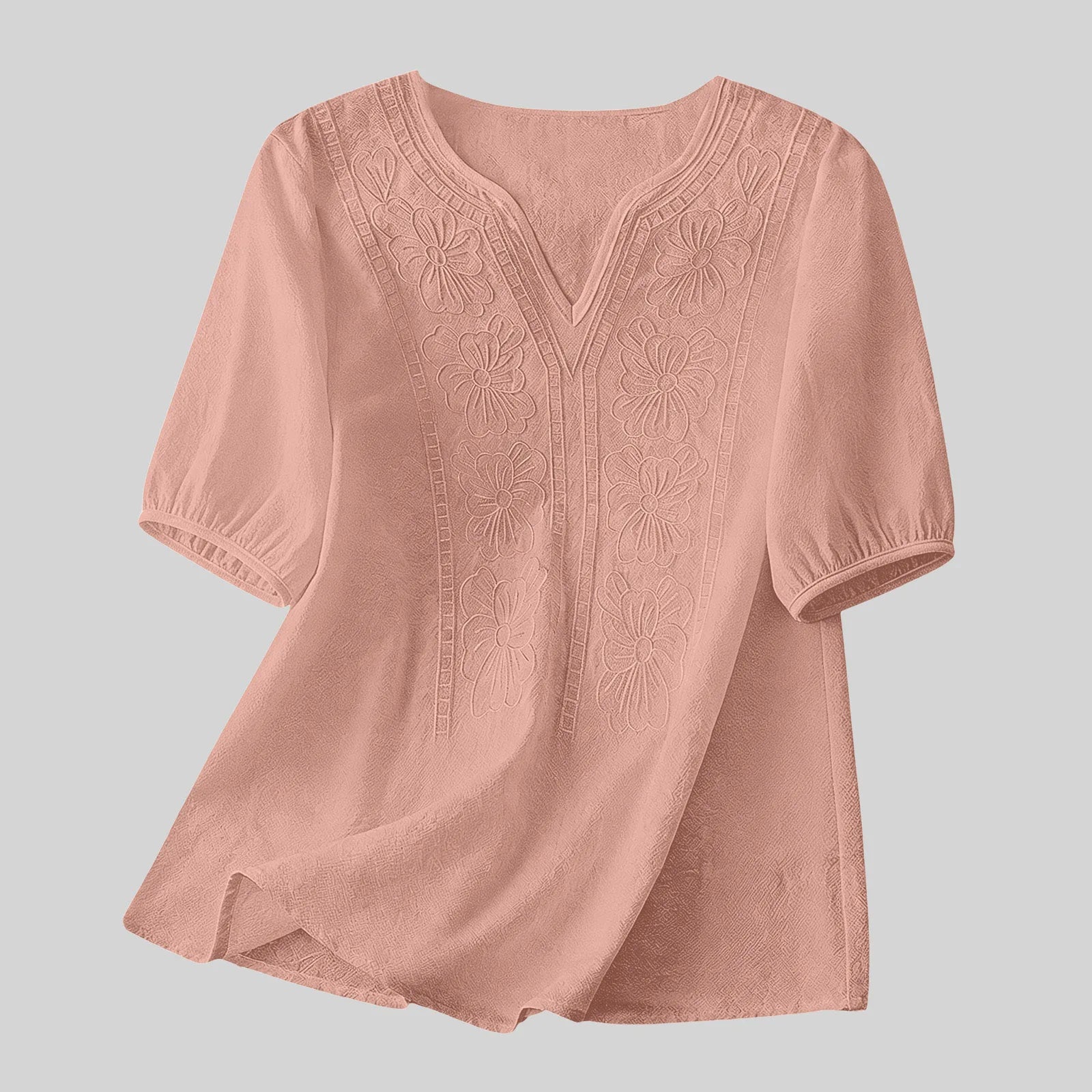 Women Summer Loose Embroidered V Neck Solid Color Short Sleeved Comfortable Button Down Shirt Top женская одежда