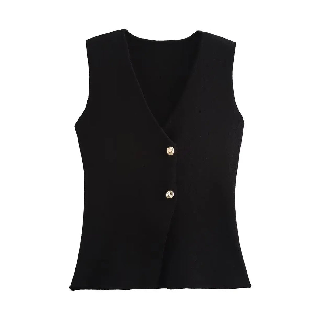 Foridol Gold Button Knitted Tank Top Women Autumn Winter Burgundy Short Vest Sleeveless V Neck Chic New Fashion Tops
