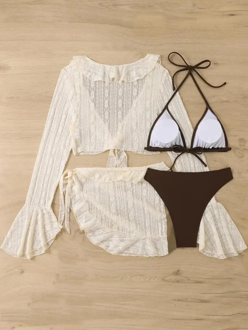Vintage Swimwear Women Long Sleeve Ruffles Cover Up Skirt 4 Piece Bikini Set 2025 Push Up Beach Bathing Suit High Waist Swimsuit