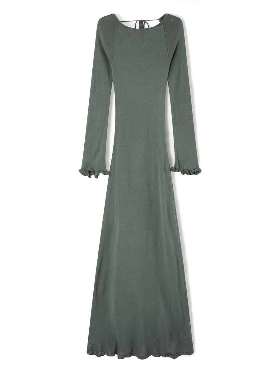 Women's Autumn Winter Knitted Bodycon Dress Long Sleeve Tie Backless Round Neck Solid Color Ruffle Trim Long Dress Beachwear