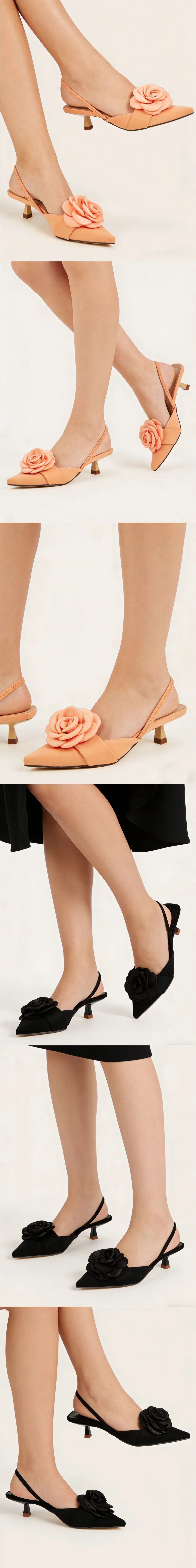 2026 Big Size 43 Summer Women's Pointy Toe Kitten Heels Slingback Satin Sandals Elegant Sandal Rose Flower Office Lady Shoes