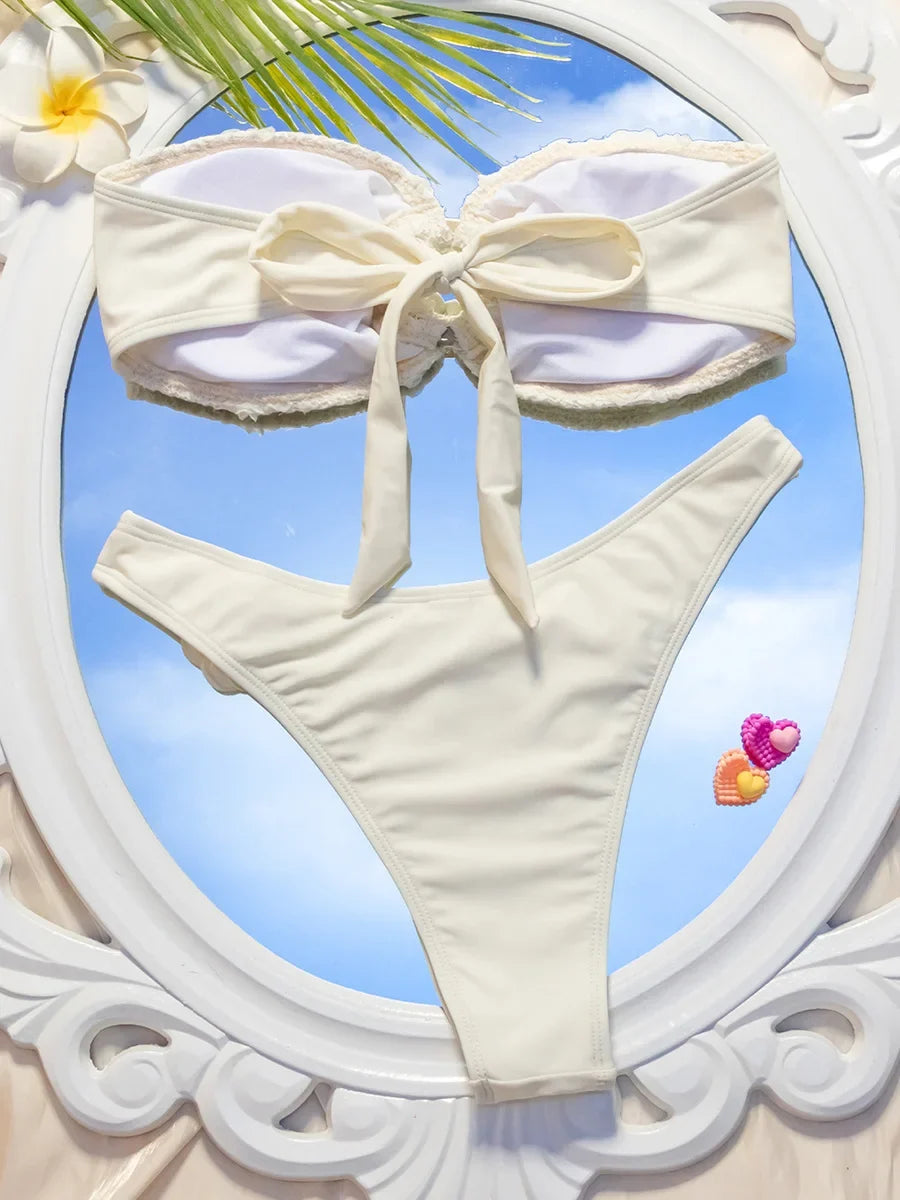3D Flowers High Leg Cut Bandeau Bikini Women Swimsuit Female Swimwear Two-pieces Bikini Set Bather Bathing Suit Swim Beachwear