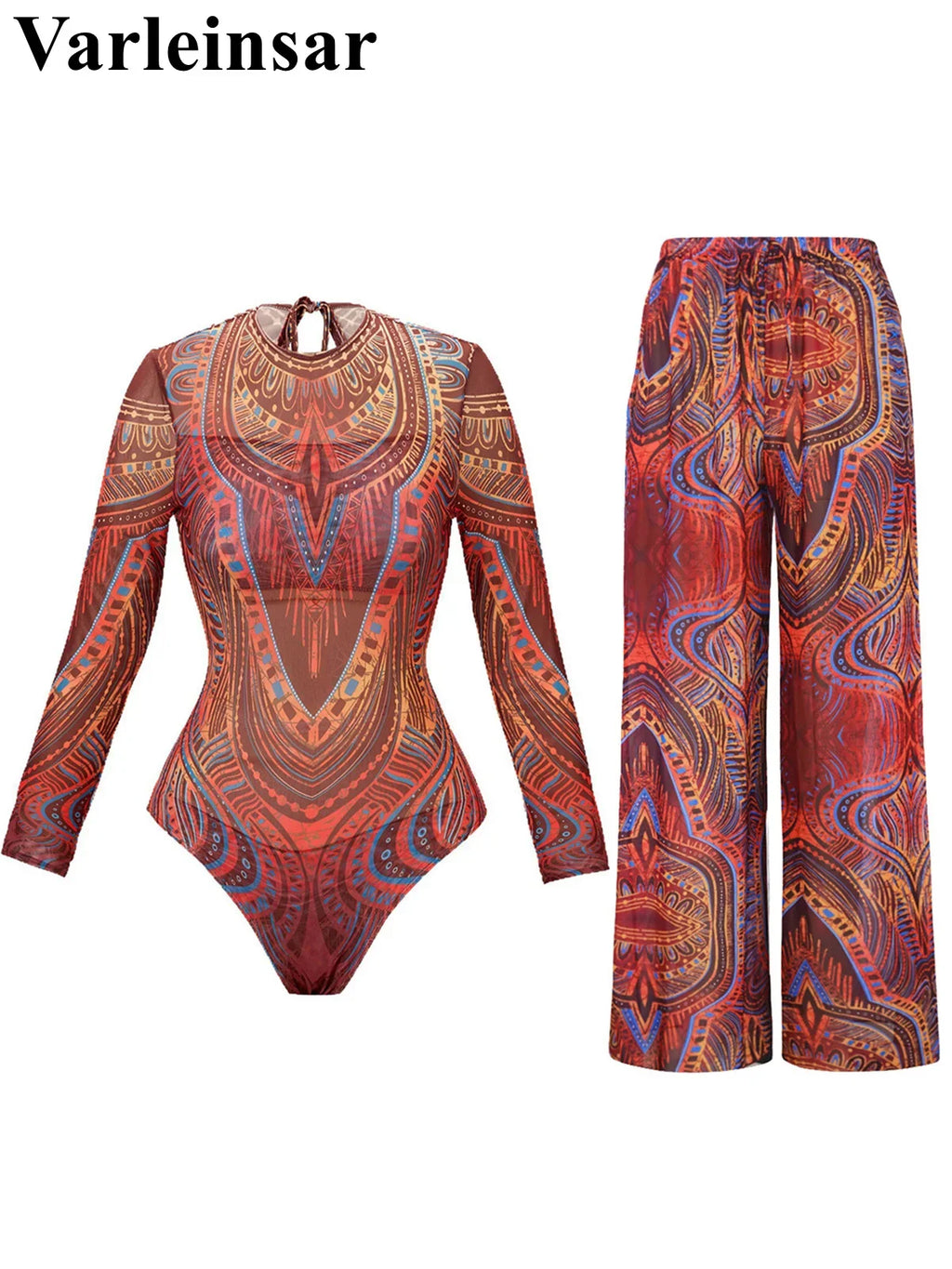 XS - XXL Printed Long Sleeve With Pants Women Swimwear One Piece Swimsuit Female Zipper Padded Bather Bathing Suit Swim V7094