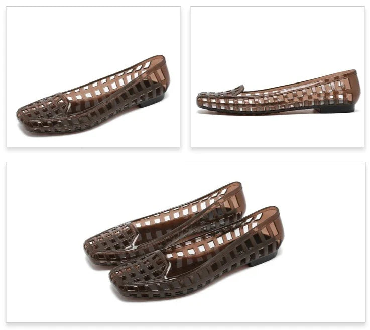 New 2025 Women Fashion Jelly Shoes Summer Cut-out Flat Sandals, Soft PVC Casual Square Toe Girls Daily Walking Sandalias