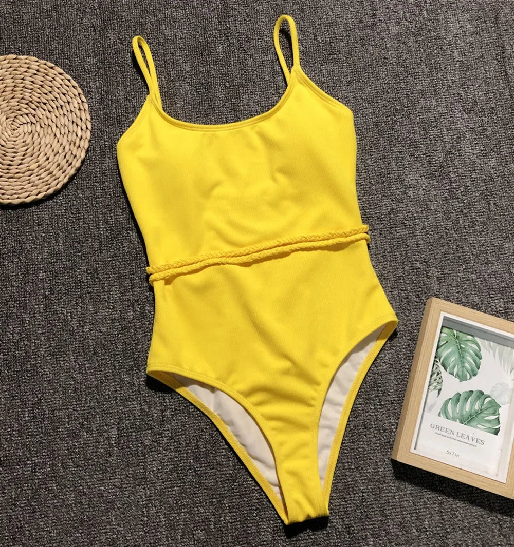 4 Colors Sexy One Piece Swimsuit Swimwear Women Solid Special Fabric Bathing Suit Beachwear with Waistband Maillot De Bain Femme
