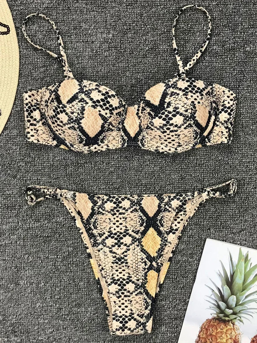 Snake Skin Underwired Bra Cup Bikini Women Swimsuit Female Swimwear Two Pieces Bikini Set Mini Micro Thong Bathing Suit Swim