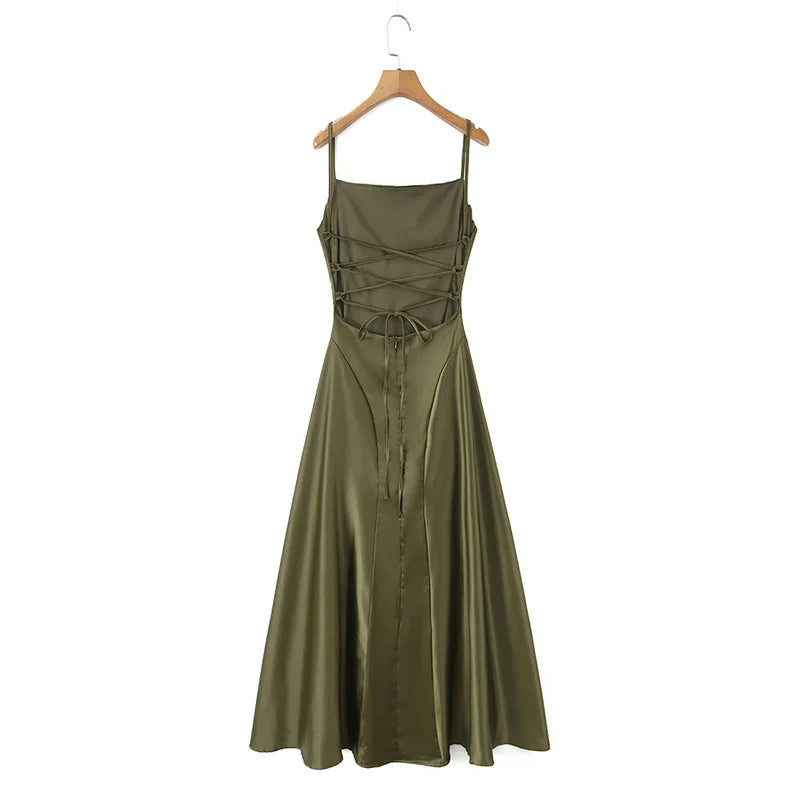Australian Women's Back-cross-strap Hollow-out Camisole Dress With Chest Pleats Slim-fit Waist And Long Skirt Pure Desire ZJBL