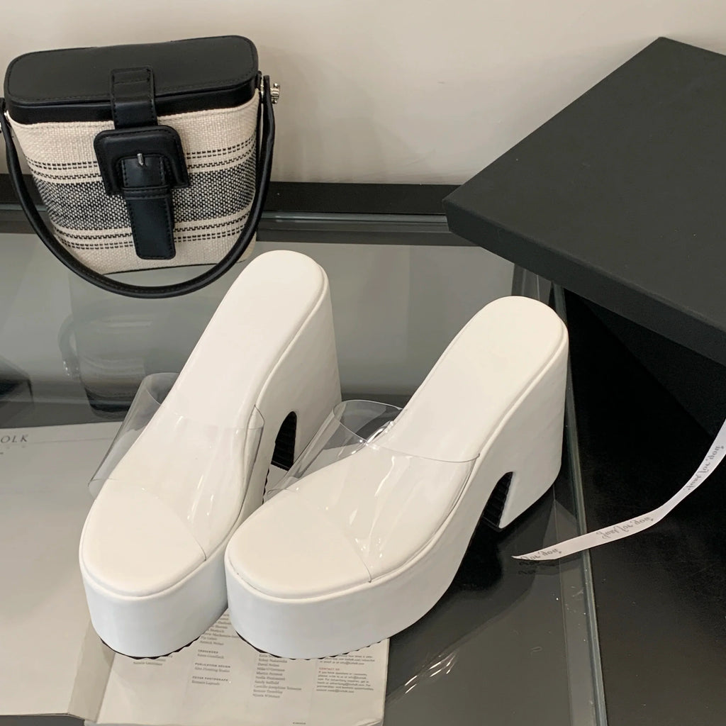 Summers Chunky Women Slippers Fashion Elegant PVC Transparent Platform Wedges Heel Slides Ladies Casual Outdoor Beach Sandalias