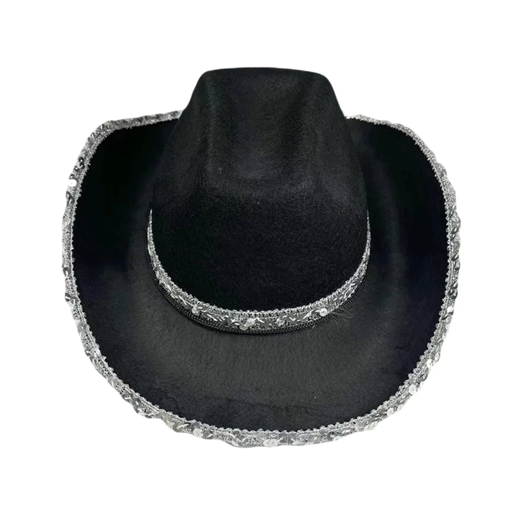 Women Shiny Sequined Wide Brim Cowboy Hat Western Style Sun Cap for Club Party