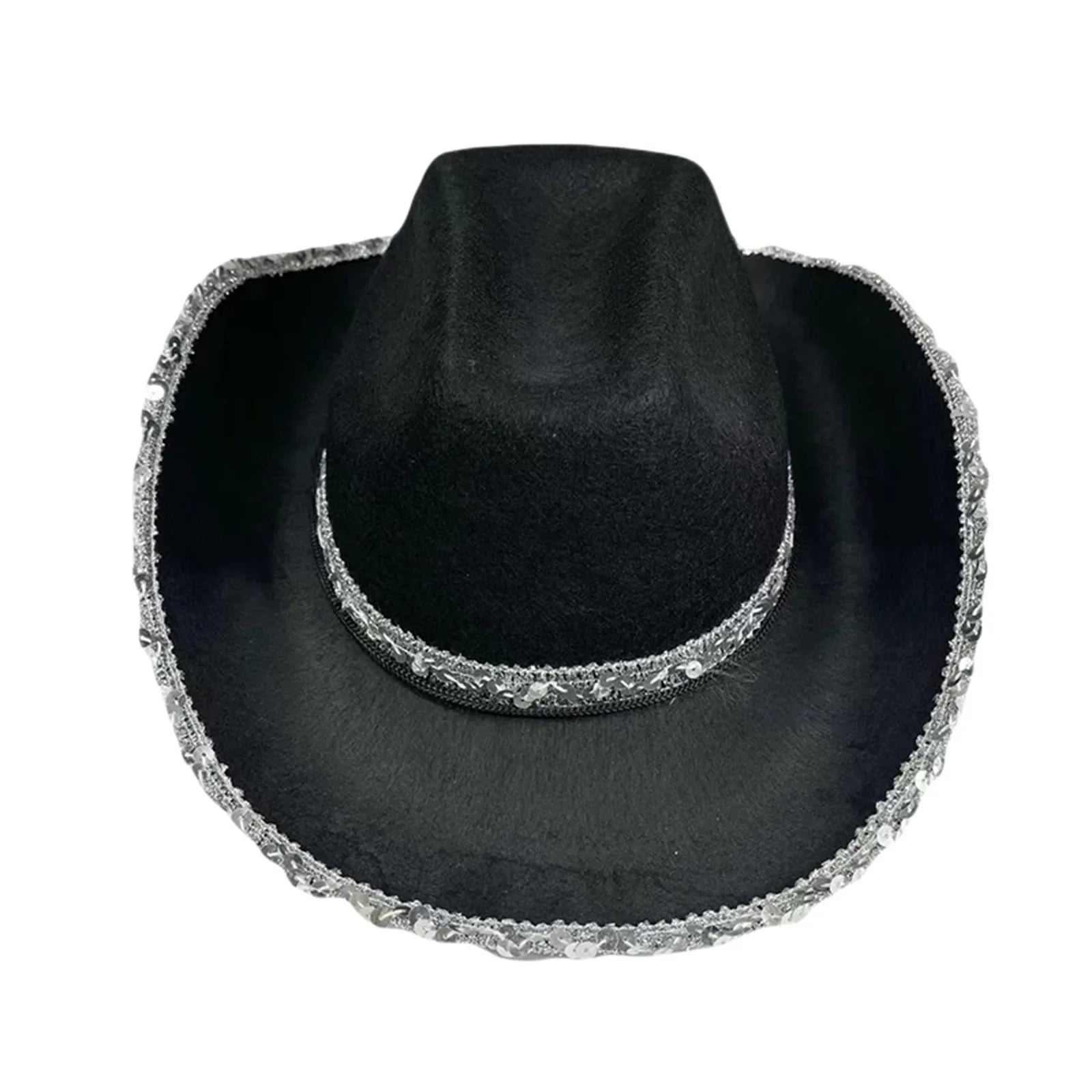 Women Shiny Sequined Wide Brim Cowboy Hat Western Style Sun Cap for Club Party