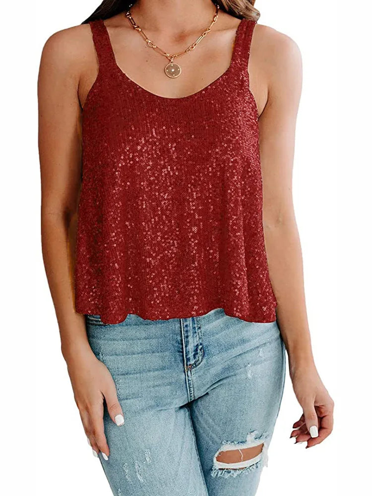 2026 Summer Fashion Women's Tanks Sexy Sequins Camisole Lady Casual Sliver Women's Strap Top Night club Streetwear Y2K Dress up