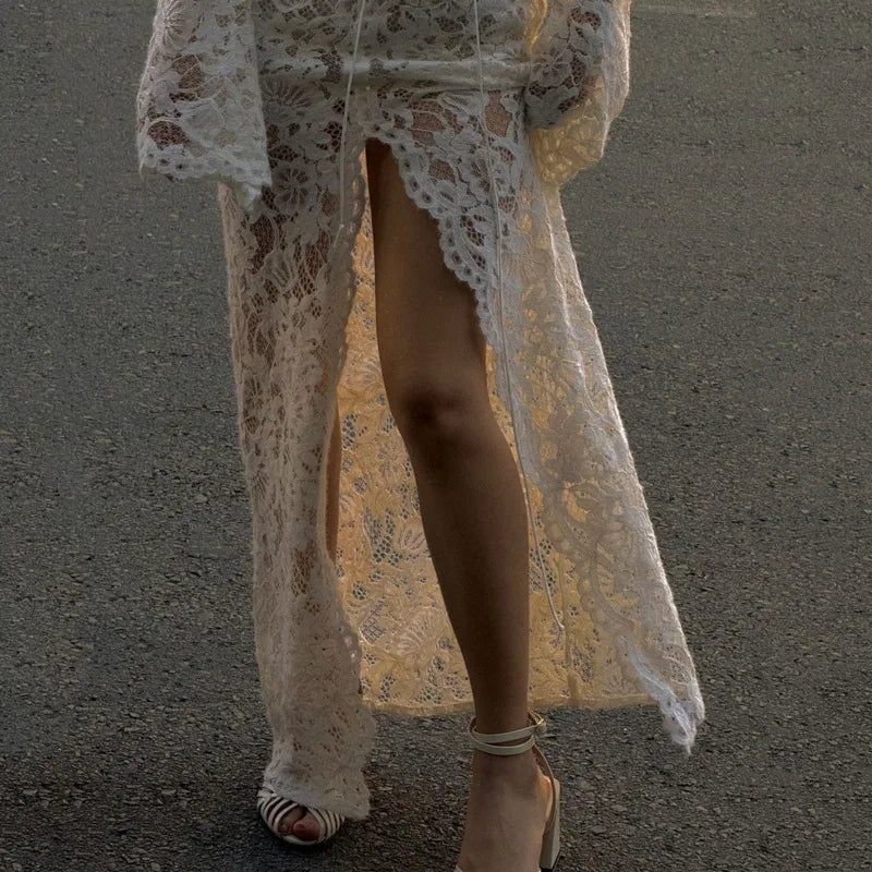 Woman Dress Clothing V-neck White Lace Dress 2025 Vestidos Para Mujer Fall Lace-up High Slit Slim Long  Evening Party Dresses