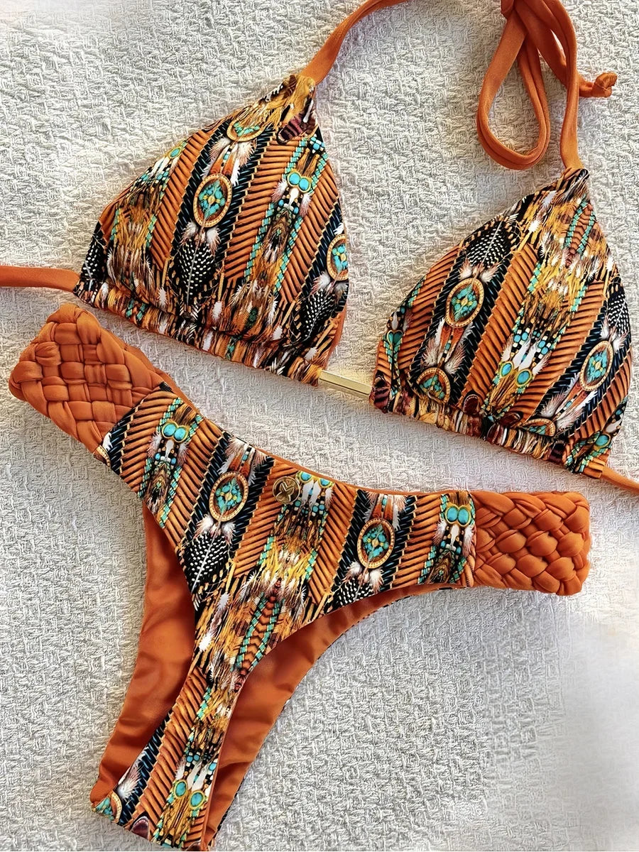 Printed Halter Braided Rope Mini Thong Bikini Female Swimsuit Women Swimwear Two-pieces Bikini Set High Cut Bather Bathing Suit