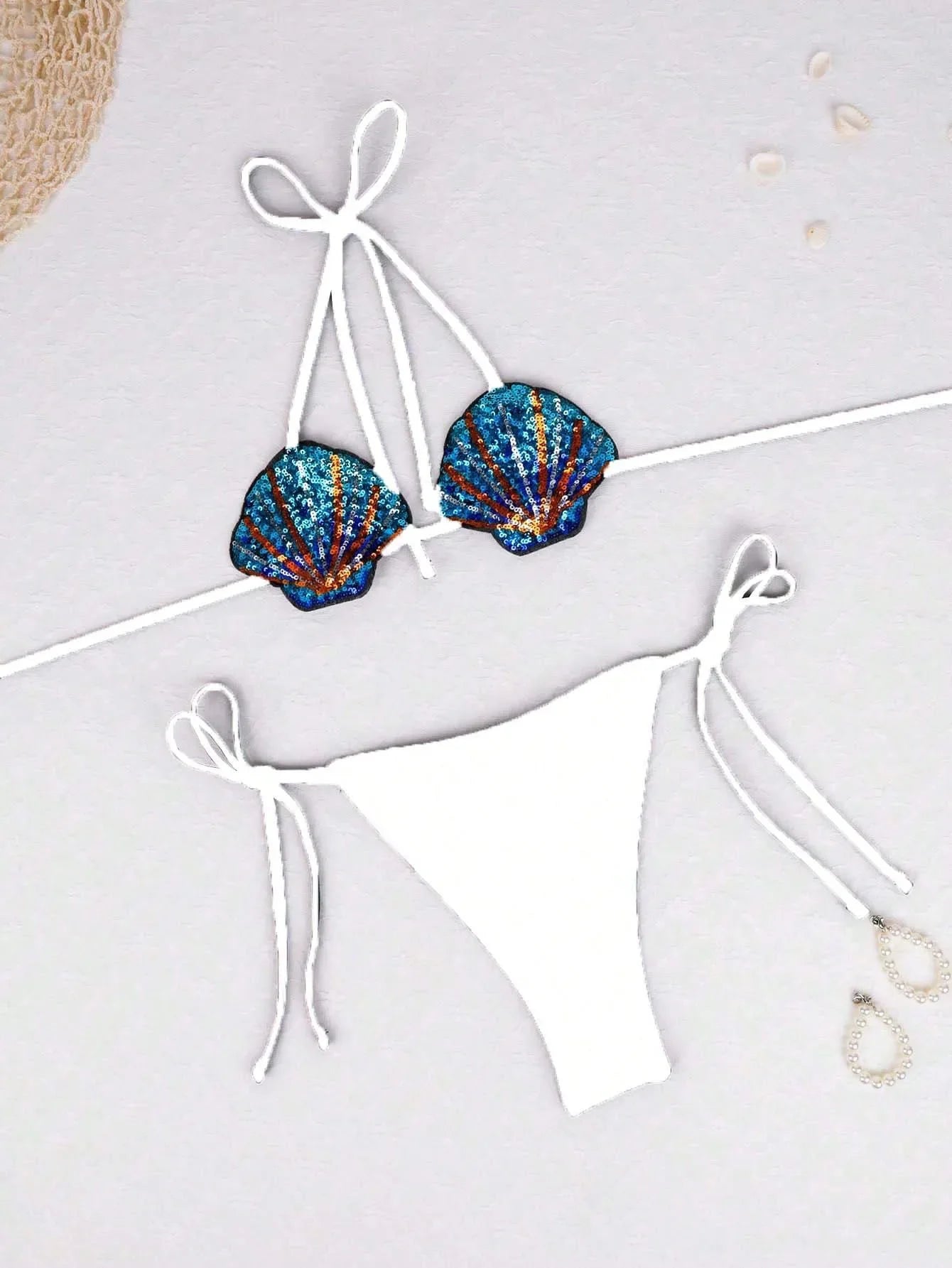 New Shiny Sequin Shell Starfish Bikini Set Women Sexy Push Up Pleate Thong Swimsuit Brazilian Beach Bathing Suit Micro Swimwear