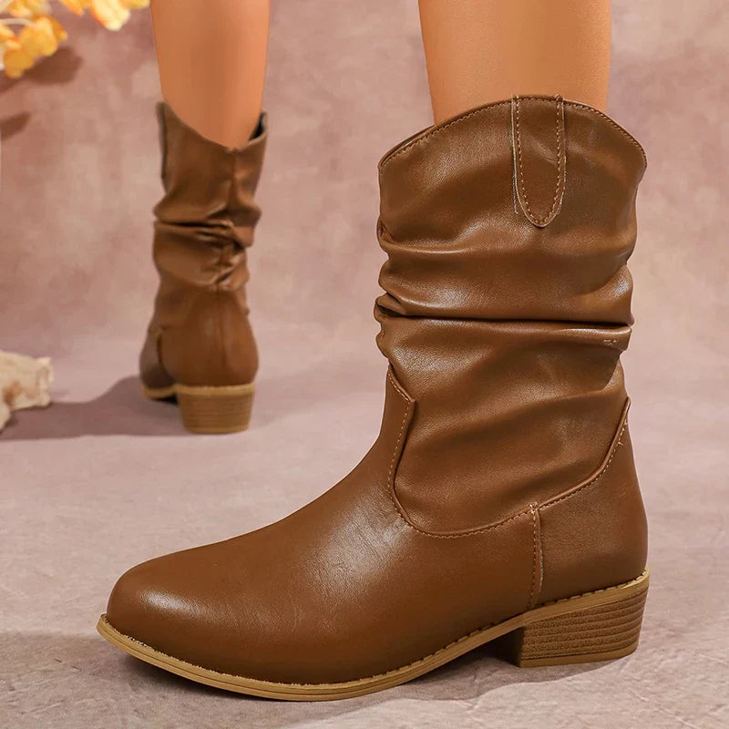 Brown Pu Leather Pleated Ankle Boots Women Plus Size 36-43 Thick Heeled Western Booties Mujer 2025 Slip On Cowboy Boots Woman