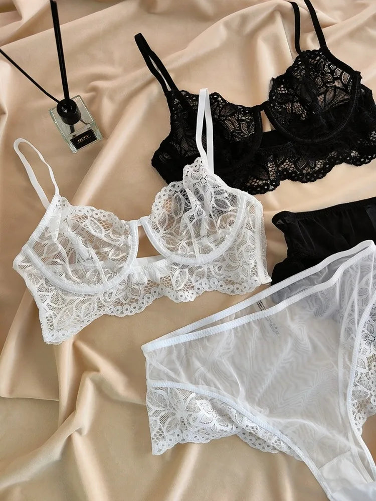 Summer French Lace Bralette Beachwear Small Bust Anti-Sagging Soft Wire Light Support Gathering AU MOYISU Sexy Panty Tushy Set