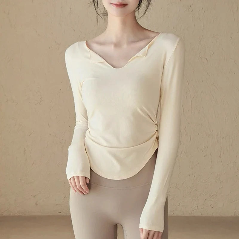 Women's yoga sports long sleeved, autumn and winter high-end slim fit small V-neck sports top fitness long sleeved T-shirt