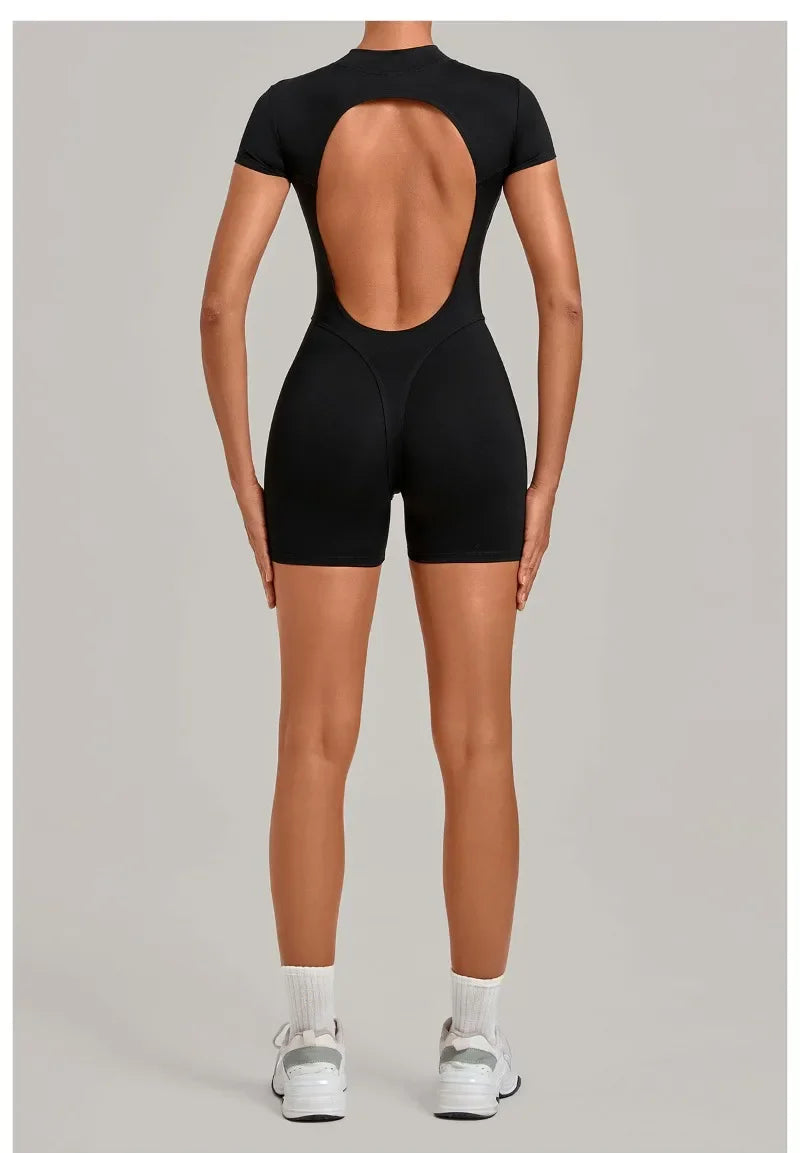 Women's Seamless Yoga Jumpsuits Fitness Sports Hip-lifting Backless Short-sleeved Training Gym Workout Shorts One-piece