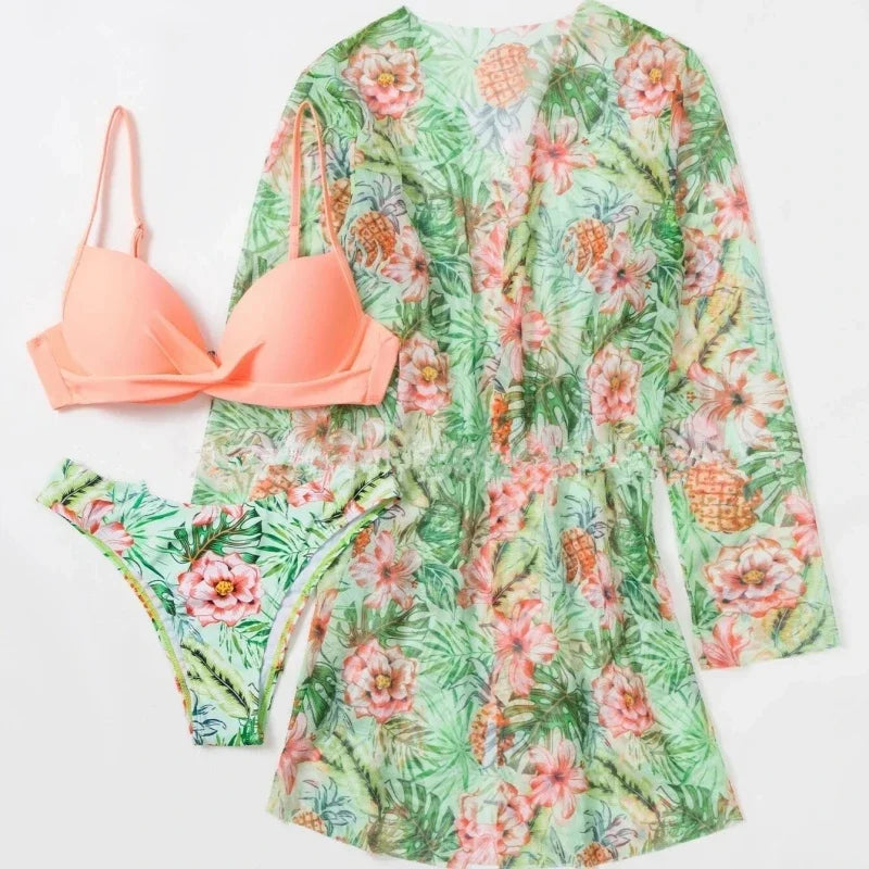 Boho Style Women's 3 Pieces Swimsuit Floral Bikini Set+Long Sleeve Cover-Up Swimwear Sexy Low Waist Tankinis Beachwear Holiday