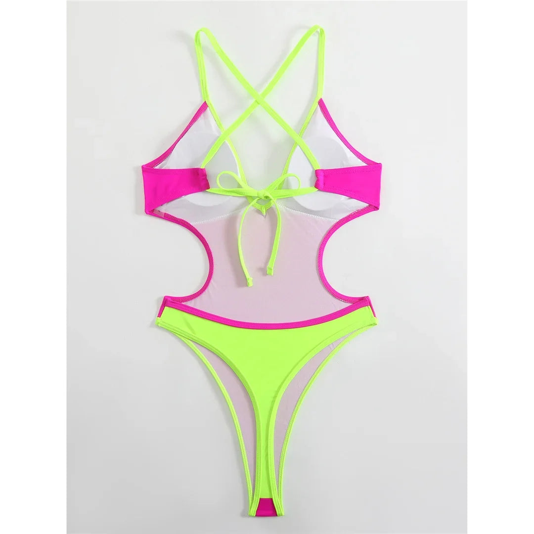 V Neck Splicing Extreme String Mini Micro Thong Women Swimwear One Piece Swimsuit Female Padded Bathing Suit Bather Swim V7085