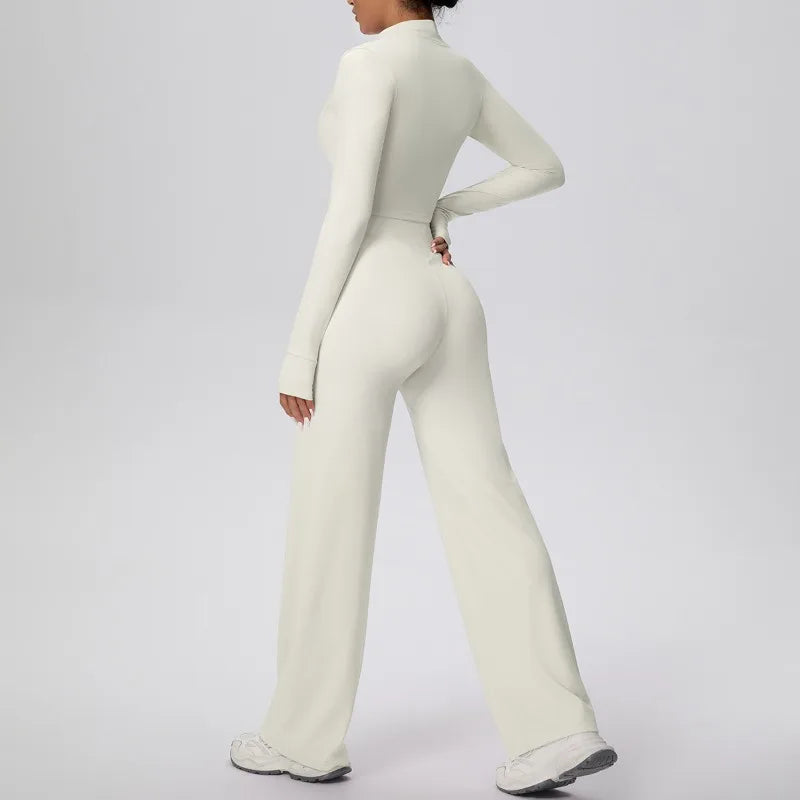 2 Pcs Women's Seamless Yoga Set Long-sleeved Wide-leg Pants Tracksuit Fitness Sports Set High-waisted Hip-lifting Slim-fit Suit