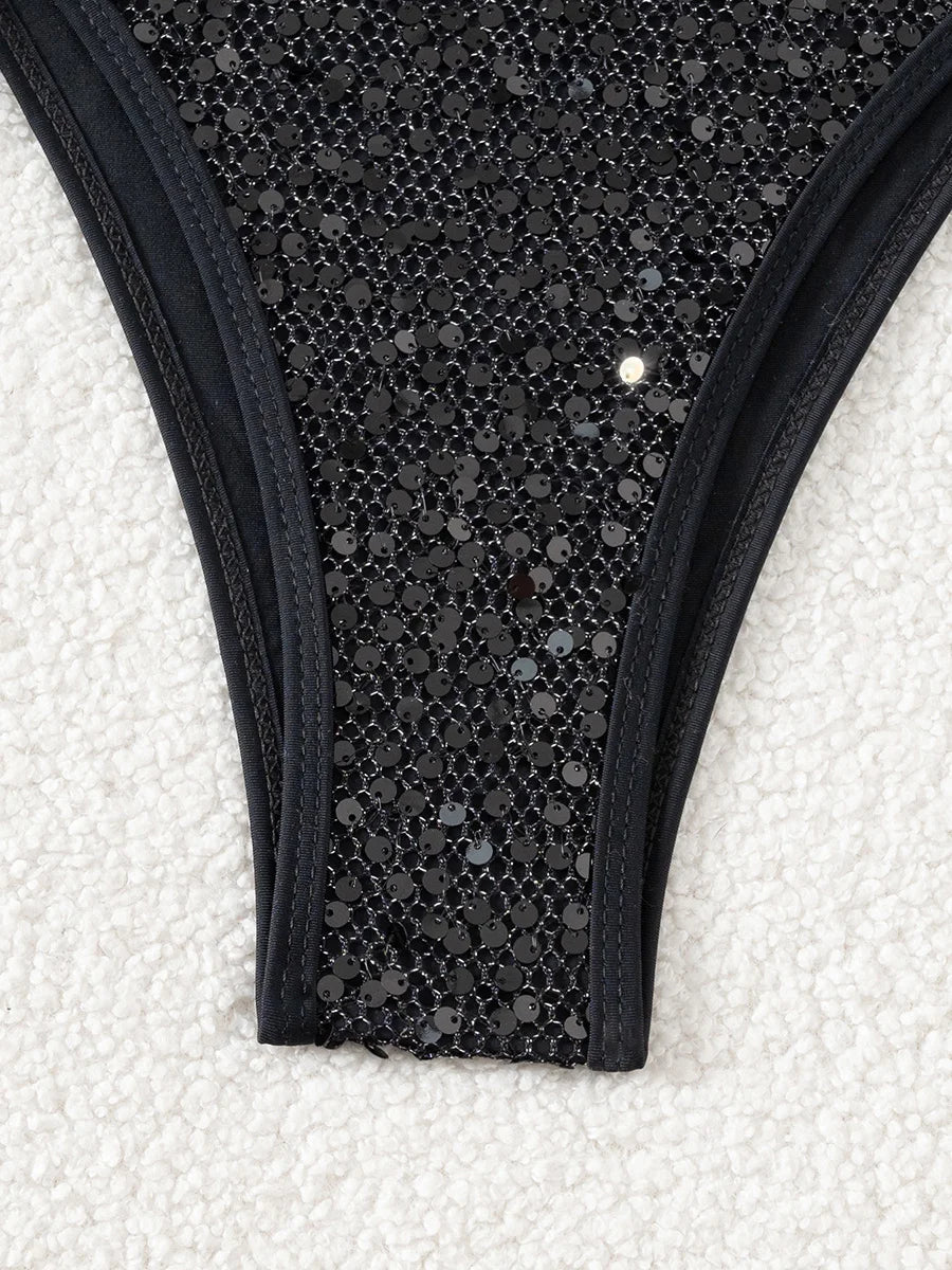 Sparkling Sequins Halter High Leg Cut Bikini Women Swimwear Female Swimsuit Two-pieces Bikini Set Bather Bathing Suit Swim Lady