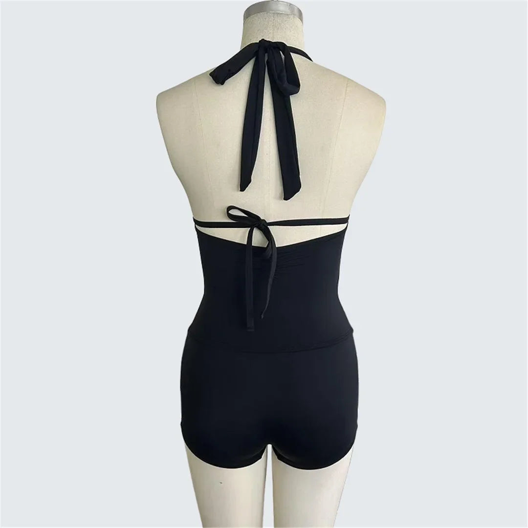 S - XXL Halter V Neck Wrinkled One Piece Swimsuit Women Swimwear Female Shorts Monokini Padded Bather Bathing Suit Swim V7535