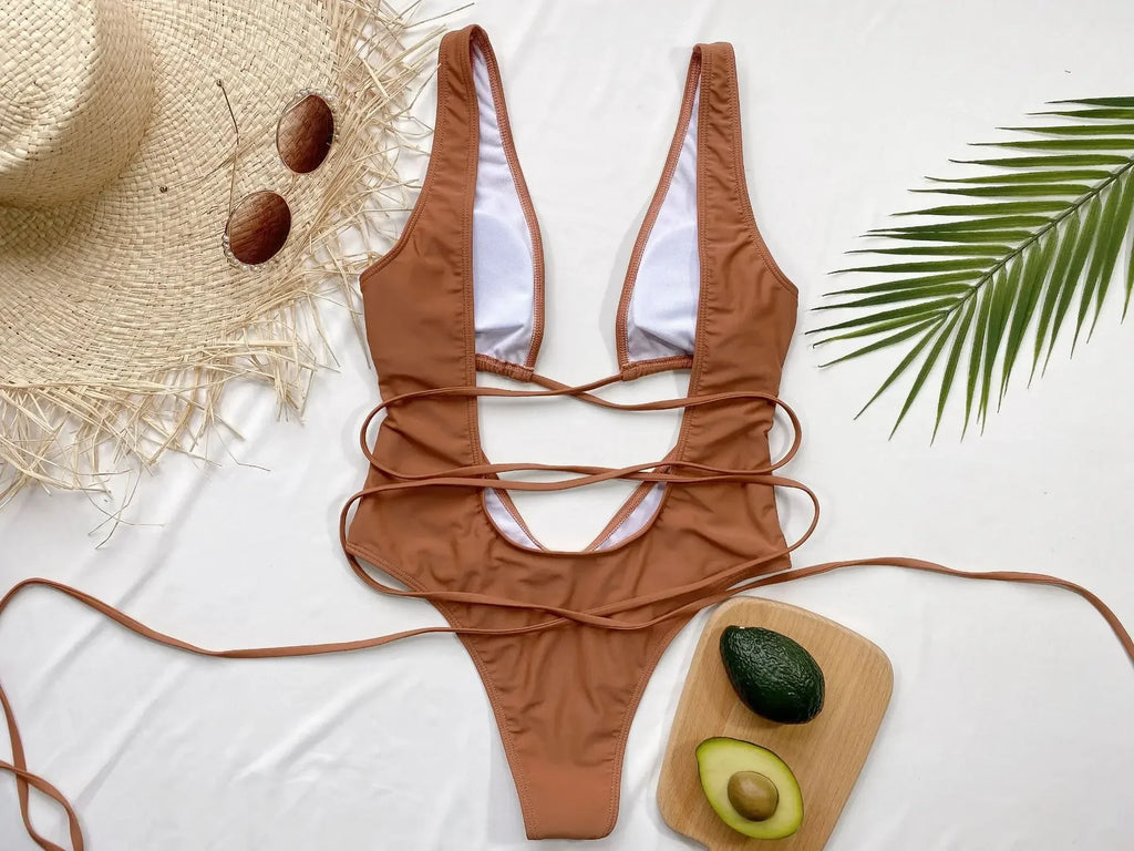 Leopard Deep V Neck Wrap Around High Cut Women Swimwear One Piece Swimsuit Female Monikini Tummy Cut Out Bathing Suit Swim Lady