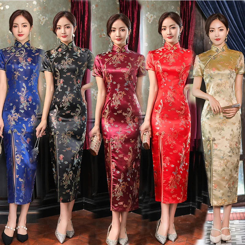 Large Size Sexy Slim Long Qipao Dress Women Retro Elegant Cheongsam Short Sleeve Brocade Dragons and Phoenixes Clothes Vestidos