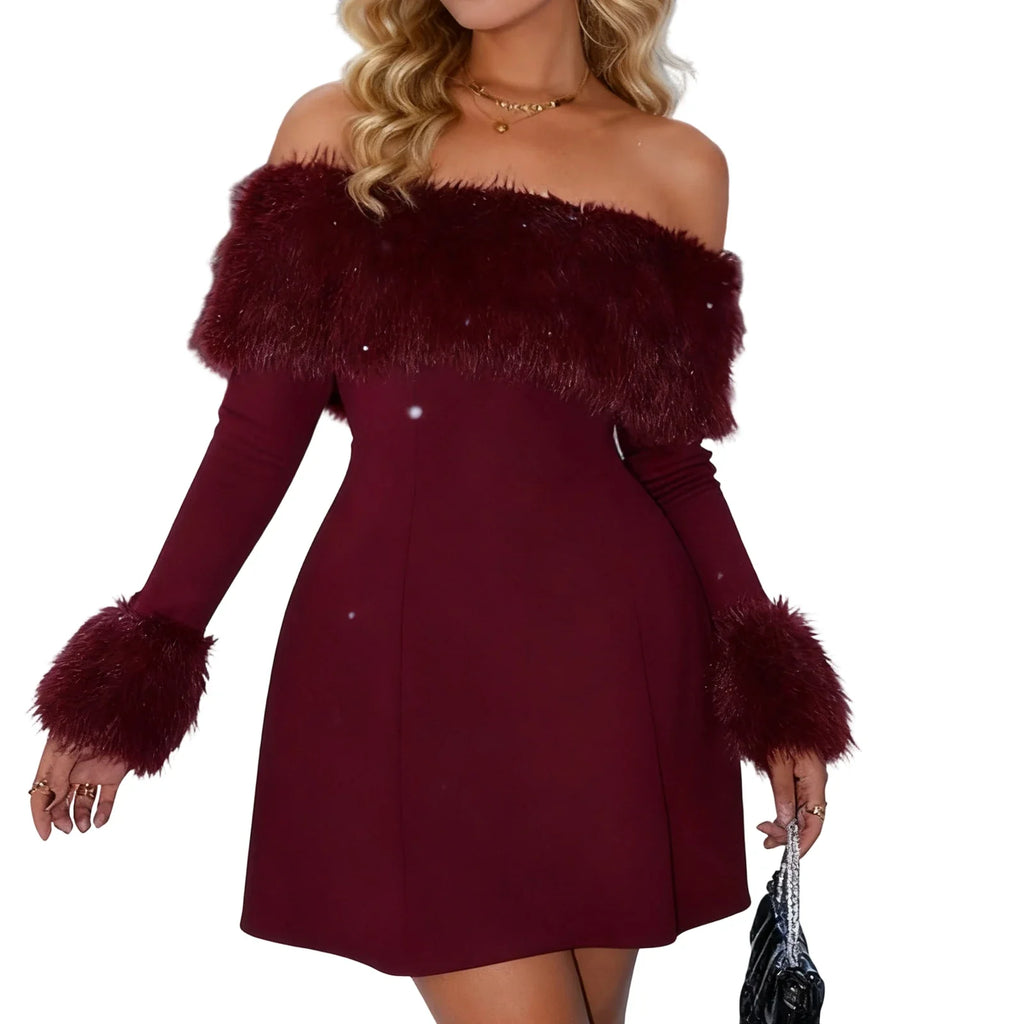 Women Autumn Winter Solid Color Above Knee Dress Long Sleeve Off Shoulder Strapless Plush Trim Party Dresses
