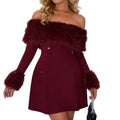 Women Autumn Winter Solid Color Above Knee Dress Long Sleeve Off Shoulder Strapless Plush Trim Party Dresses