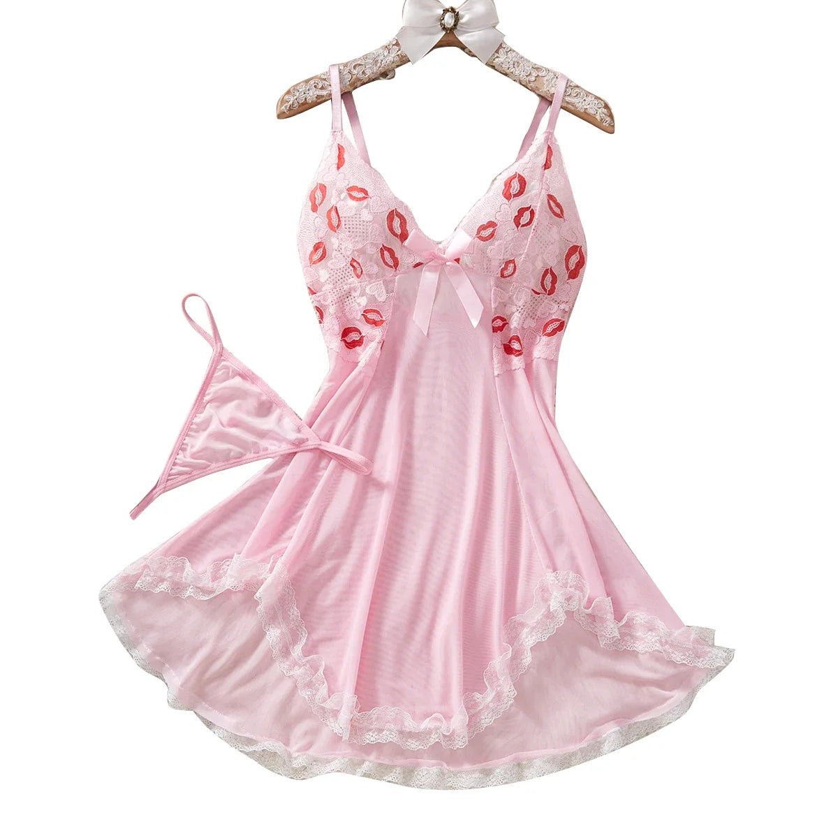 Pink Lips Lingerie Kawaii Intimate Dress Women Lace Nightdress Sleepwear Soft Pajamas With Thongs
