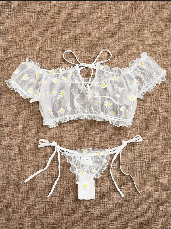 Toucheart Sexy Underwear Lace Lingerie Set For Women Off-Shoulder Small Chest Bralette+Thong Beachwear Transparent Bra Set New