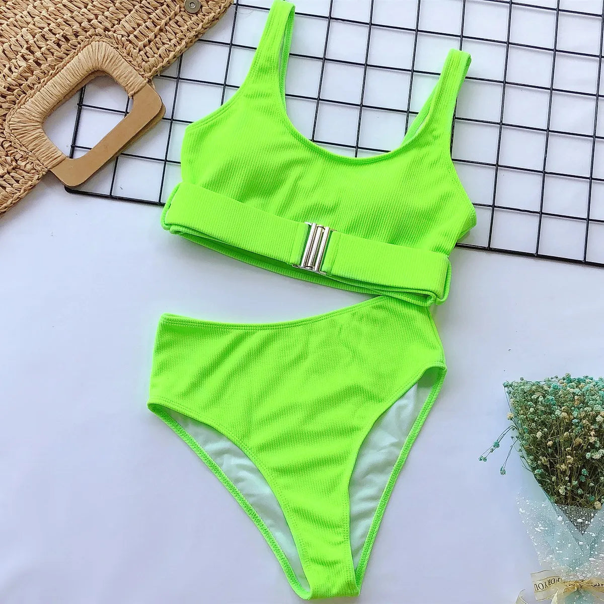 4 Colors Bikini Women Solid High Waist Swimwear Swimsuit Buckle Design Female Beach Bikinis Set Bathing Suit Bikini Taille Haute