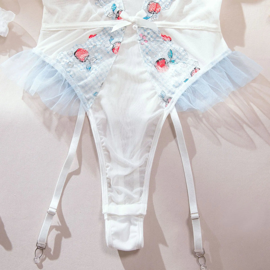 Toucheart Women Sexy Bodysuit Lace Printing See-through Skinny Plunge Romantic Hot Girls Interesting Leisure Sling Jumpsuit Set