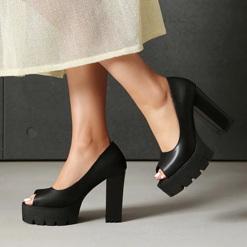 Ladies Vintage Flock Black Peep Toe Pumps Classic Summer Chunky High Heels Women Slip On Party OL Single Shoes Big size 36-46