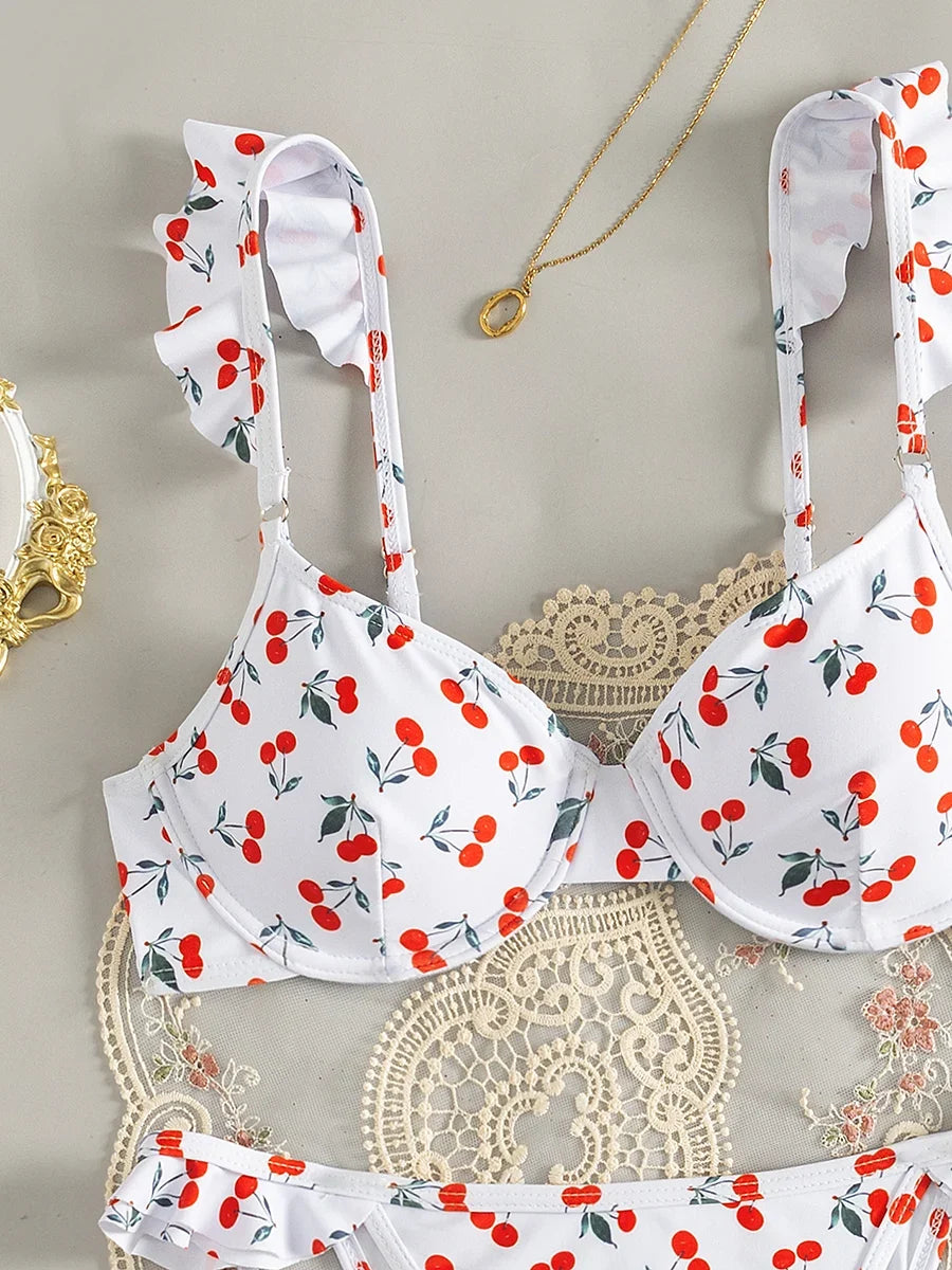 Cherry Printed Underwired V-bar Ruffled Bikini Women Swimwear Female Swimsuit Two-pieces Bikini Set Push Up Bathing Suit Swim