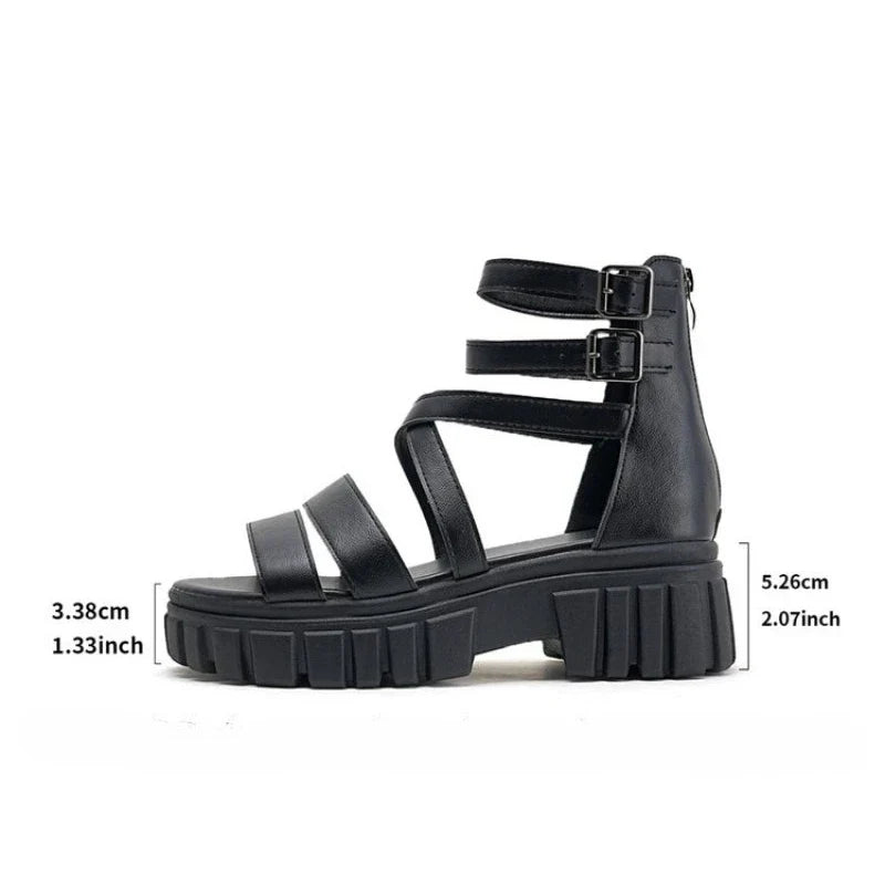 Roman Style Hollow Thick Heel Sandals Women's Large Size Slip-On Beach Sandals PU Material Comfortable Breathable Ladies Shoes