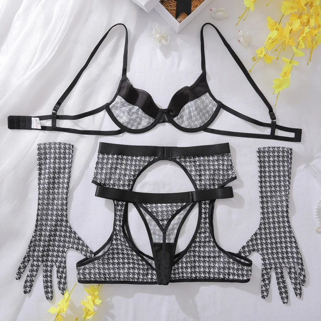 Toucheart Sexy Lingerie Suit for Women Sexy Bra Set Fashion Plaid Patchwork Sexy Lingerie Four-piece Set Women's Underwear Set