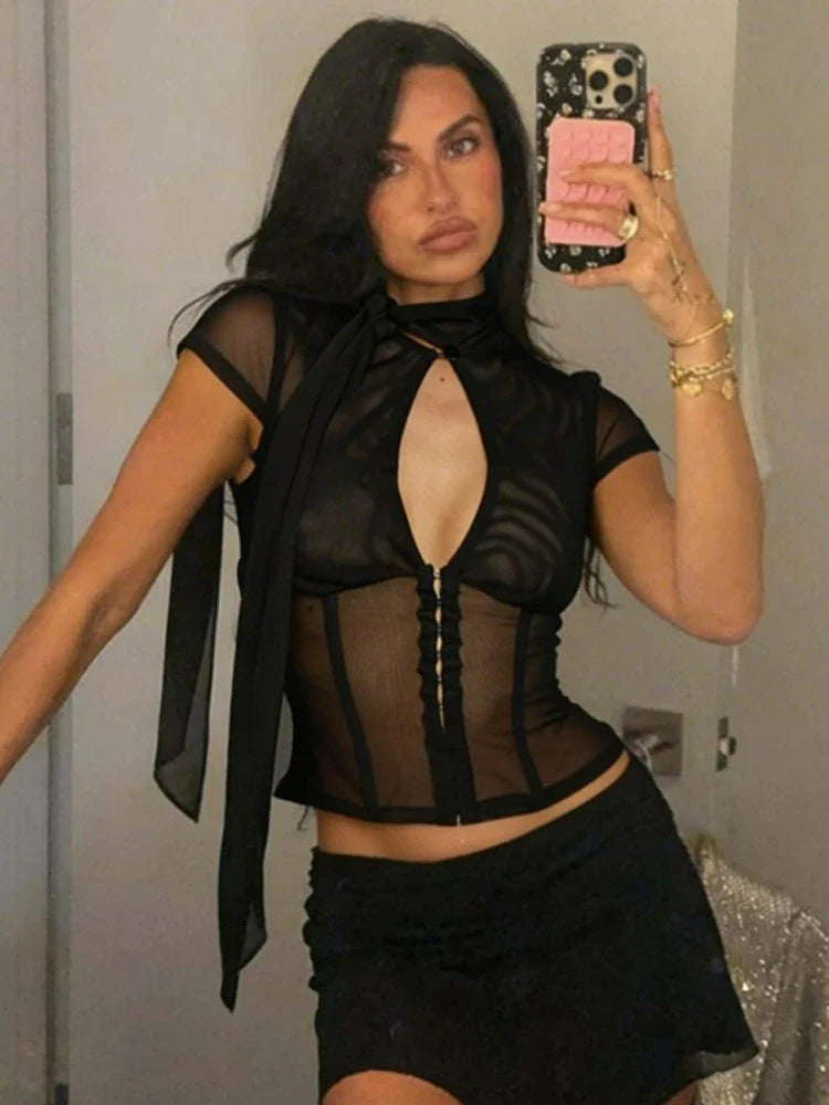 Women Sexy Hollow Out Mesh T-shirts 2026 Summer Bandage Short Sleeve Black Corset Girls Slim Crop Tops T Shirt Party Streetwear