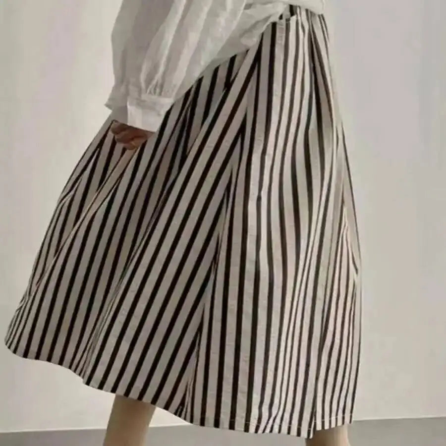 Retro Chic Solid Color Striped Skirt For Women In Summer, High Waisted And Slimming A-line Mid Length Umbrella Skirt Casual OHS8