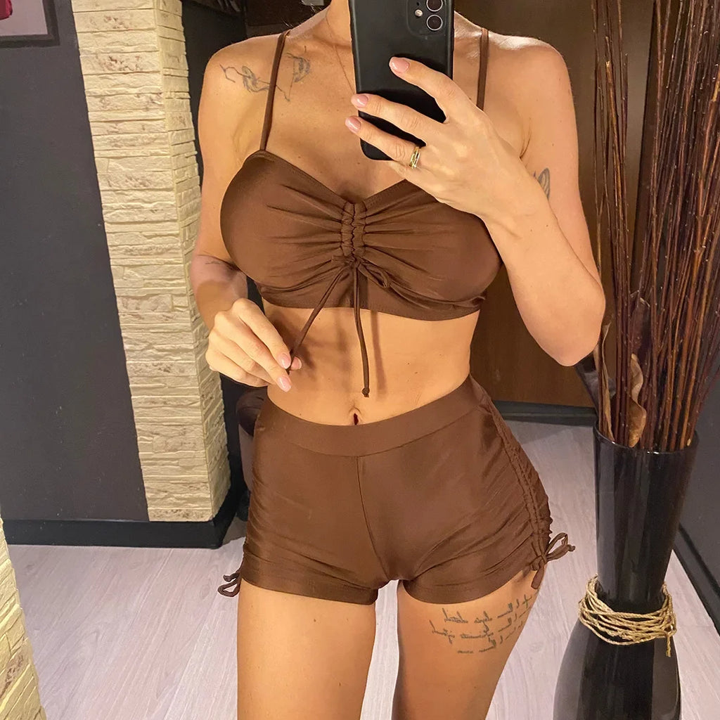 Wrinkled Knotted Shorts High Waist Bikini Female Swimsuit Women Swimwear Two-Pieces Bikini Set Bather Bathing Suit Swim V6197